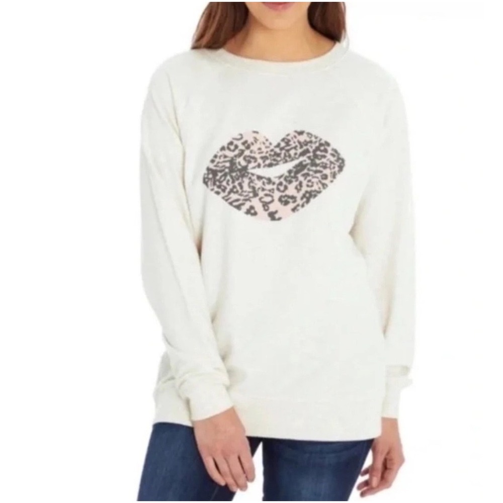 Wildfox Leopard Print Lips Oversized Ivory‎ Crewneck Sweatshirt, Large